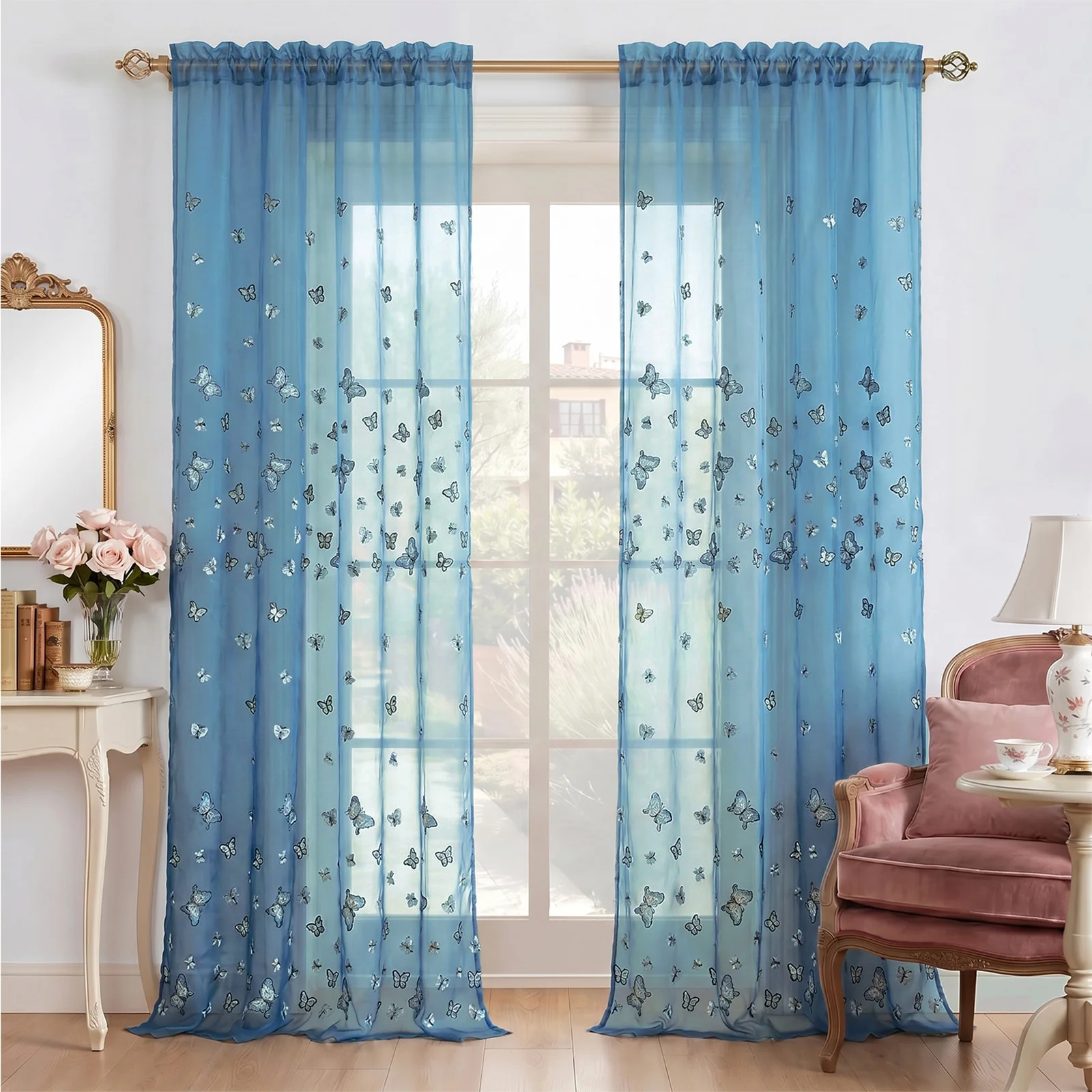 1 Piece, Blue Floral Butterfly Embroidered Semi-Transparent Sheer Curtain, Rod Pocket Design, Exquisite Workmanship, Lightweight and Soft, Washable, Suitable for All Seasons, Modern Minimalist Home Decor, Suitable for Living Room, Bedroom, Dining Room, Office, Wedding, Date Night