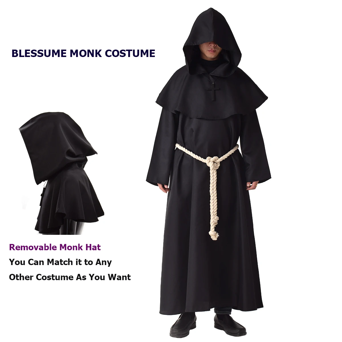 Medieval Priest Costume Men Monk Cowl Mantle Cross Hooded Cloak Robe Outfit Halloween Wizard Cosplay