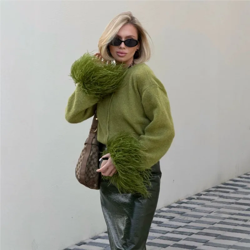 Women's Wool Knitted Cardigan With Feather Cuffs Sweater Jacket, Fashionable And Elegant Autumn And Winter Knitted Cardigan