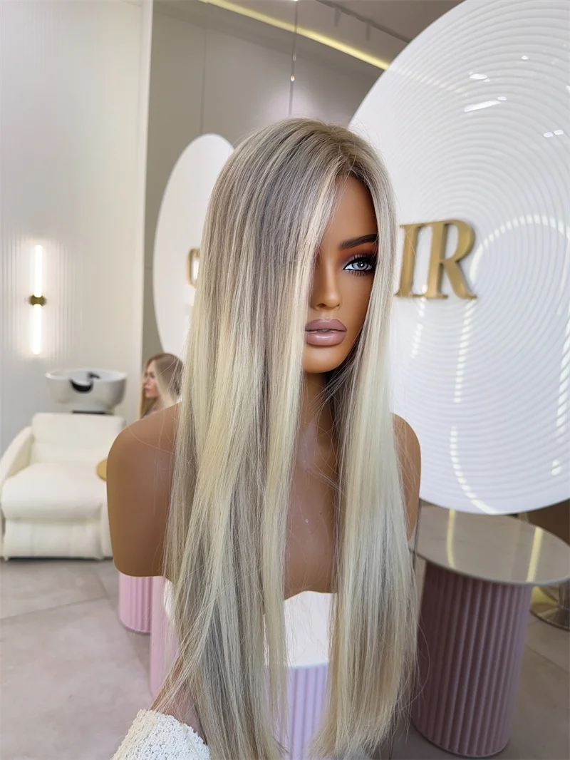 

Блондин HD Кружевной парик Женский платиновый блондин с пепельным корнем Натуральный парик Синтетическое волокно Парик из смешанных человеческих волос Прямой полный парик 26 дюймов