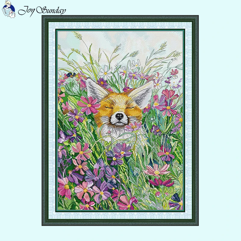 Joy Sunday Animal Pattern Intoxicated Fox Cross Stitch DIY Handmade Embroidery 14 16 11CT White Canvas Printed Fabric Sewing Set