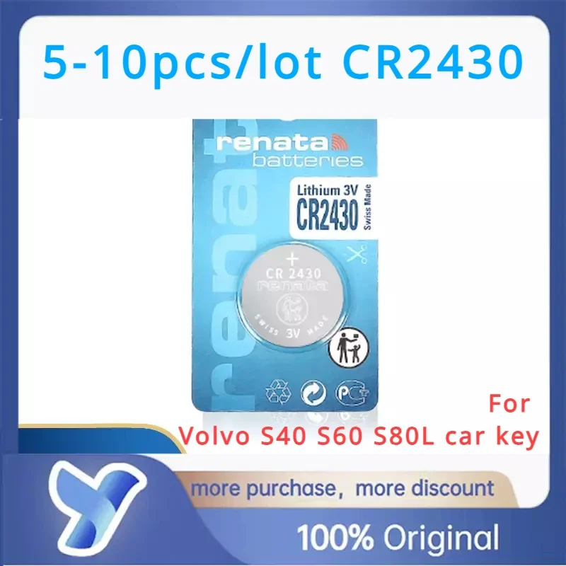 5-10pcs/lot Renata 3V CR2430 Swiss Battery capacitor for Volvo Car Key S40 S60 S80L