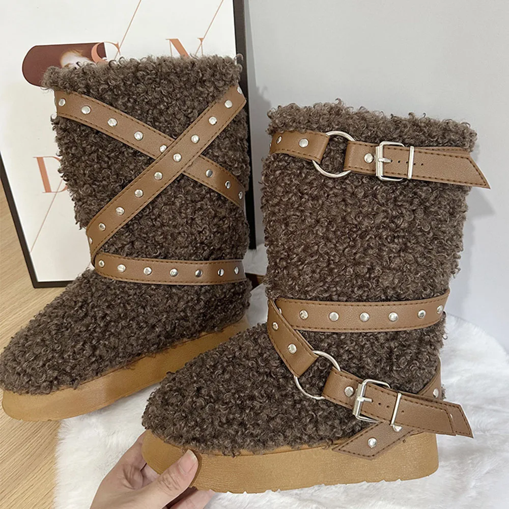 New  Snow Women Boots With Fur Platfrom  Belt Buckle Design Round Toe Mid Calf Shoes Luxury  Winter Warm Causal Boots image 4