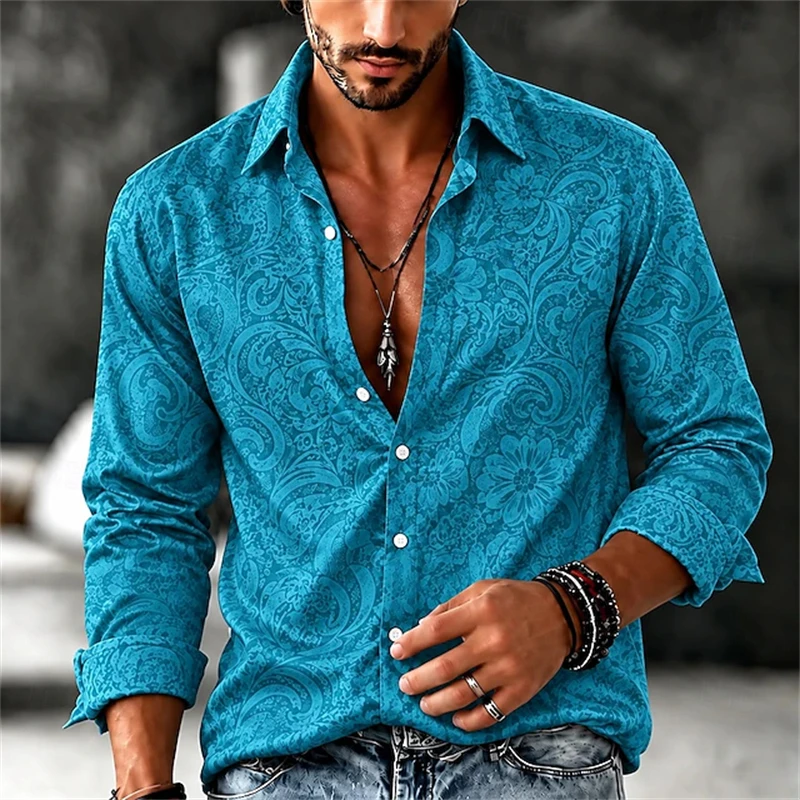 New Men's Long-Sleeve Shirt for Autumn 2026 Vintage Paisley Floral Print Button-Down Relaxed Fit Stylish Casual Streetwear Top