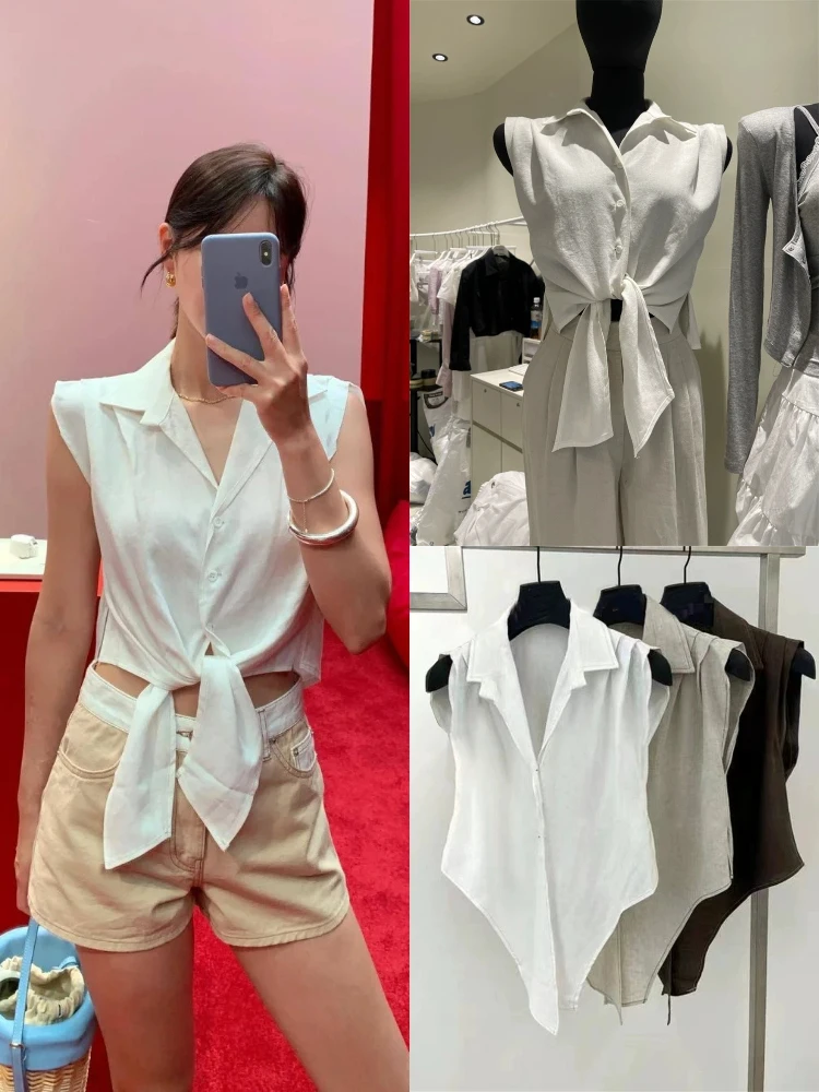 East Gate No-Sve Belted Casual irt Women Summer ort Crop Top Loose Knot Collar Blouse Thin Non-Stretch Cotton Blend