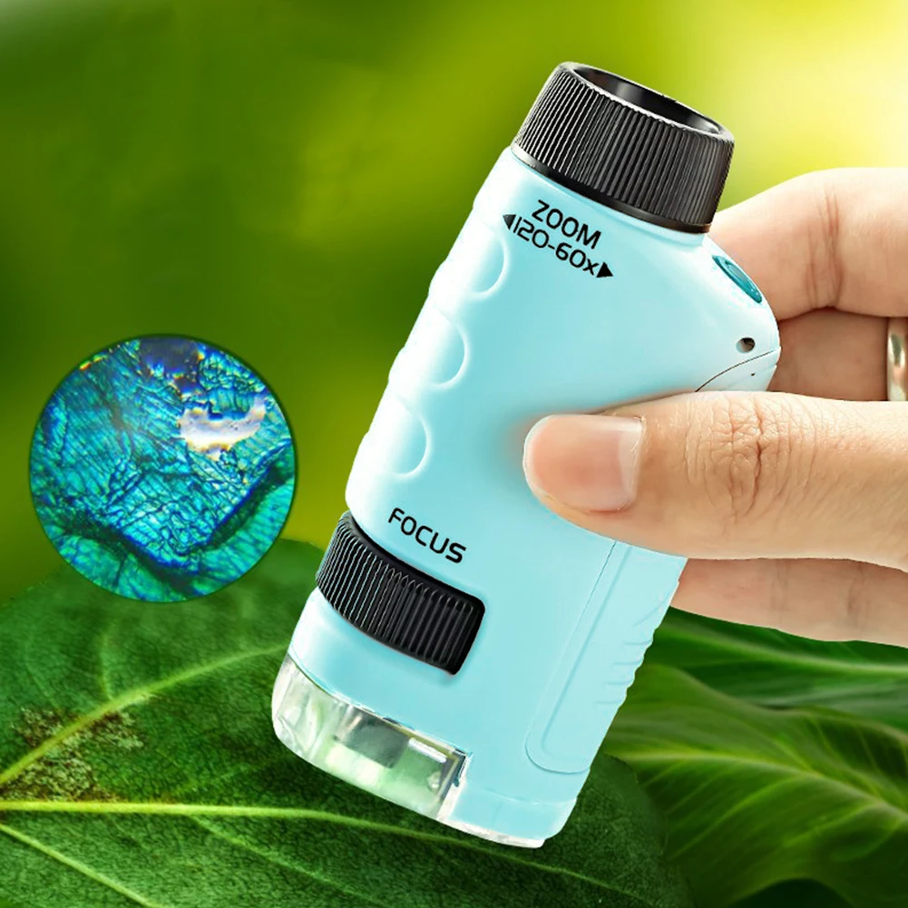 Imagem -04 - Handheld Mini Microscópio de Bolso Kit para Crianças Microscópio de Laboratório Ajustável Zoom Wheel Educacional Led 60120x