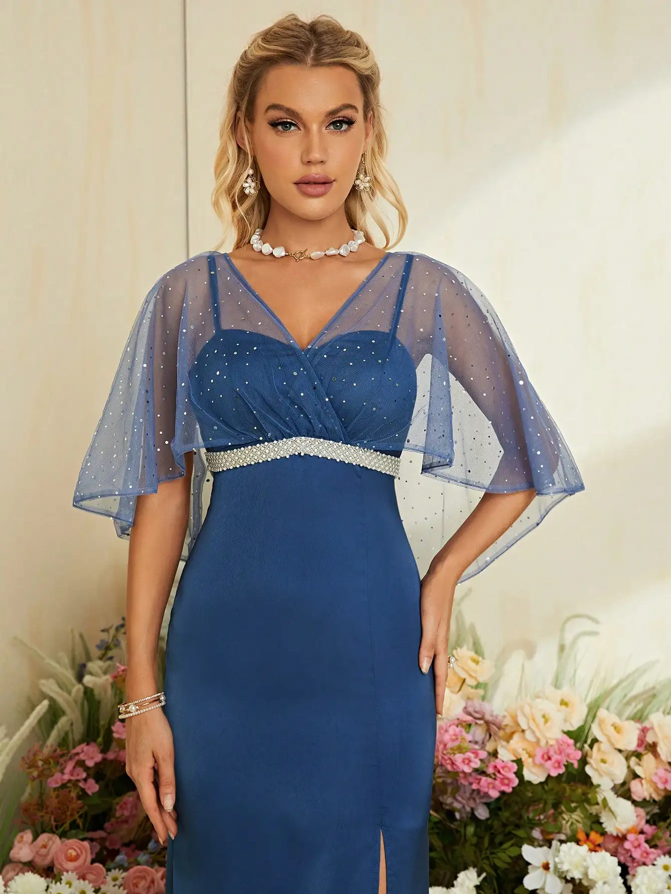 Mgiacy-Robe de soirée châle, col en V, buste plissé, ceinture de perles, robe de soirée Ding, robe de demoiselle d'honneur, robe senior PROM