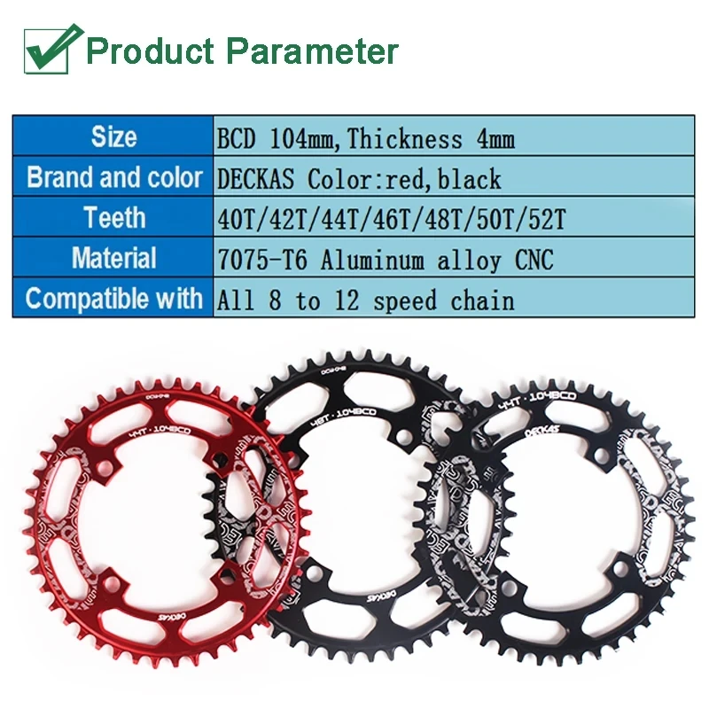 DECKAS 104BCD MTB Chainring 40/42/44/46/48/50/52T Road Bicycle Crown 8-11S Narrow Wide Chainwheel Bike Accessories