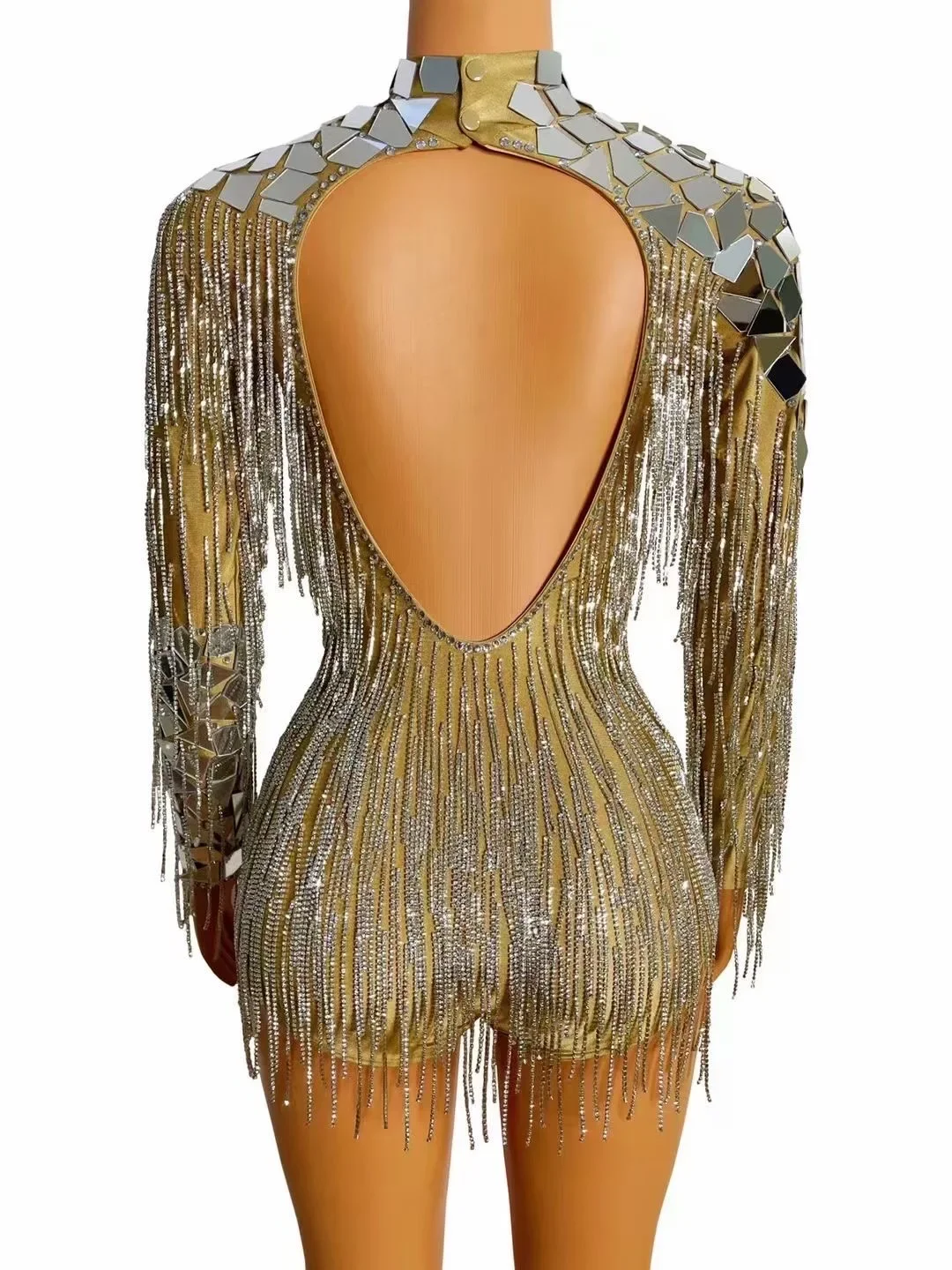 Silver Shining Mirror Sequins Backless Tassel Sexy Bodysuits For Women Nightclub Party Clothing Bar DJ Prom Dance Costumes