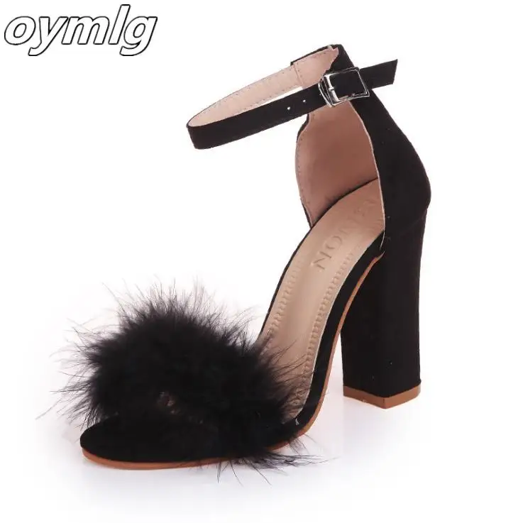 

Ankle Strap High Heels Faux Fluffy Rabbit Fur Women Sandals 2020 Thick High Heel Party Wedding Summer Lady Shoes s118