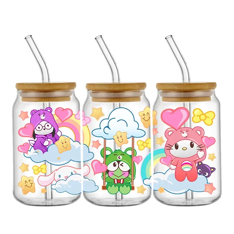 Cartoon HelloKitty UV DTF Transfer Sticker 16oz Cup Wrap For 16oz Libbey Glass Can Bottle Self-adhesive Waterproof Decals