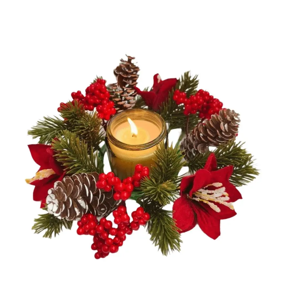 Red Berry Christmas Wreath Candlestick Flower Pinecone Wreath Candle Holder Table Decoration Pine Needle Pillar Candlestick