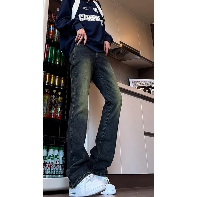 

Deep Blue adient Bell Bot Jeans Men's American Retro Sle Teenage Slim Fit Straight Leg Jeans Youthful Trendy Cotton Blend