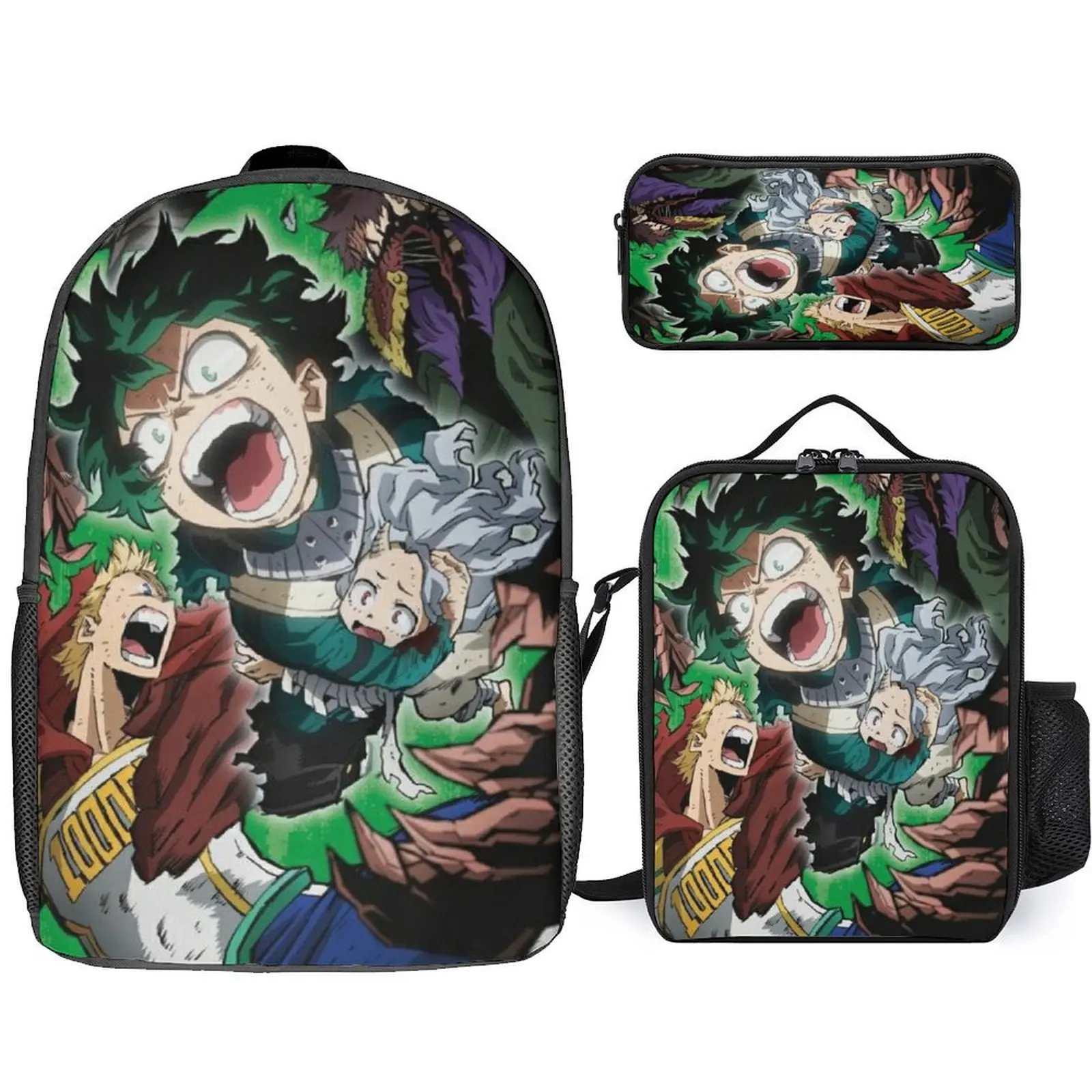 Mochila escolar personalizada, regalo sorpresa de la temporada de regreso a la escuela para niños y niñas, bolsa de comida, bolsa para bolígrafos, Anime Hero, impresión 3d, 3 piezas