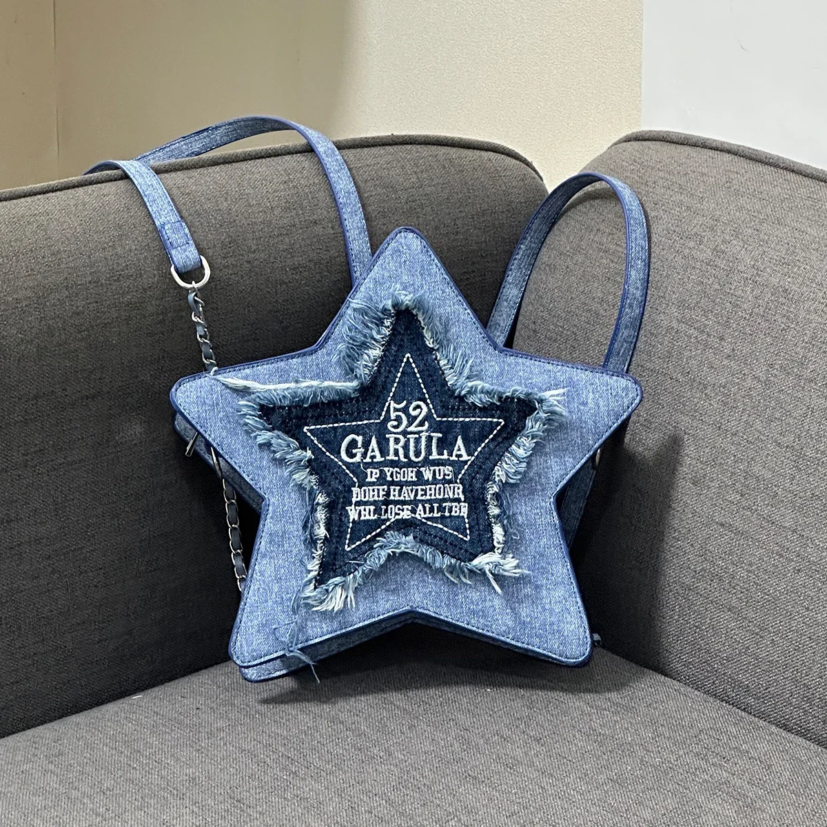 

Denim Blue Five-pointed Star Backpack Women's 2023 New Fashion Chic Design Novel Embroidered Letters Tassel Y2K Crossbody Bag