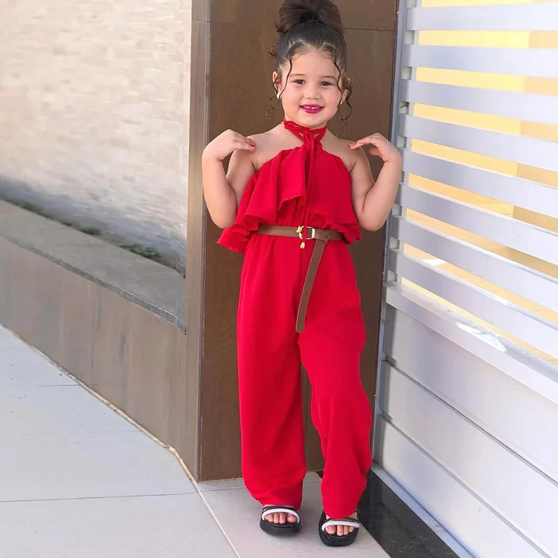 2024 New Casual Girls\' Summer Halter Ruffle Sleeve Jumpsuit Soild Suspender Romper Fashion Clothing for Toddler Girl 1-8 Years