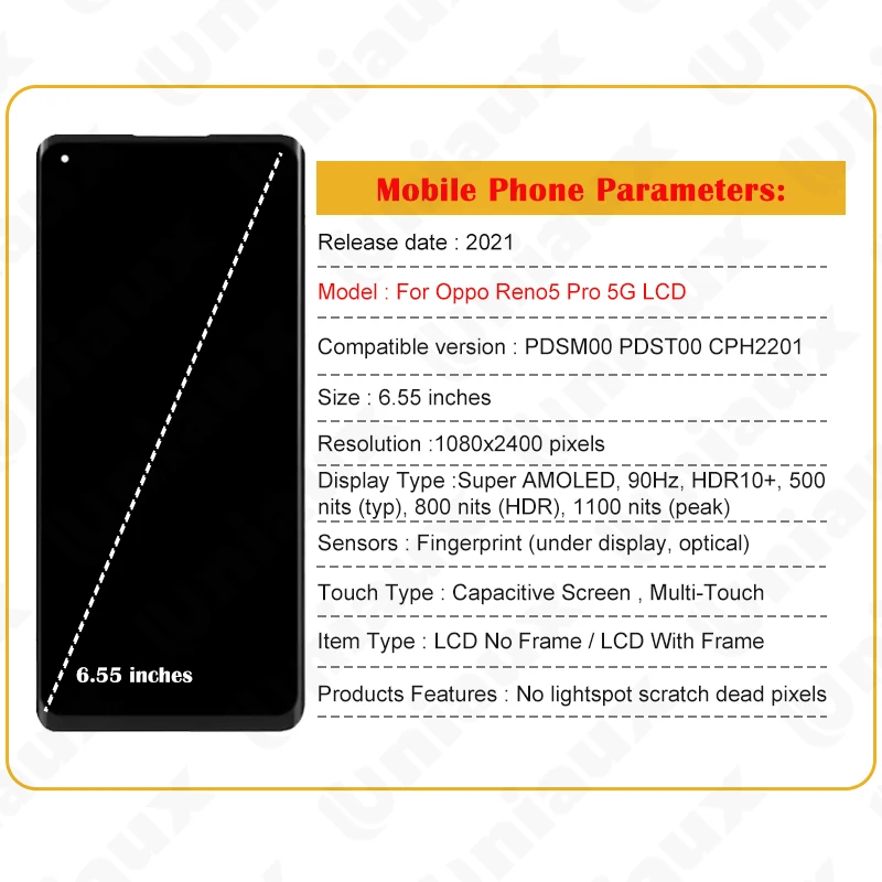 6.55"Original AMOLED For Oppo Reno5 Pro LCD Display Screen Touch Digitizer For Reno 5 Pro 5G EU Edition PDSM00 CPH2201 LCD