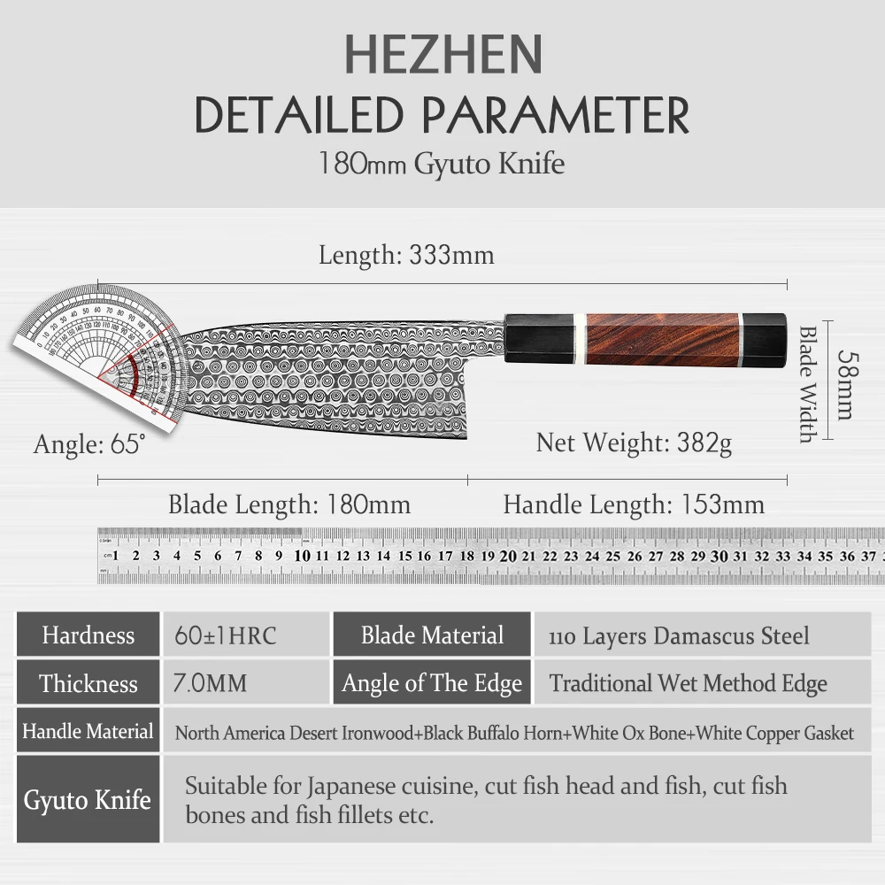 HEZHEN Retro Series Gyuto Knife Raw Fish Professional 110 Layers Damascus Seper Steel Japanese Salmon Sushi Kitchen Cook Knives