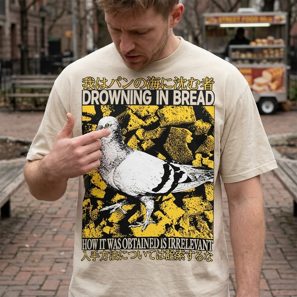 Men  Drowning In Bread Pigeon Graphic T Shirt Japanese Letter Printed Short Sleeve Casual  Loose Cotton Tops