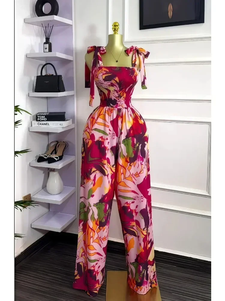 

Женские комбинезоны без рукавов с принтом листьев и бантом на плечах, лето 2022, пляжная праздничная одежда в стиле бохо, цельный костюм, комбинезон