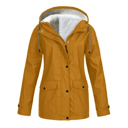 Women's Winter Coat Warm Solid Plush Thickened Long Jacket Outdoor Hiking Hooded Casual Windproof Parka Coat Overcoat