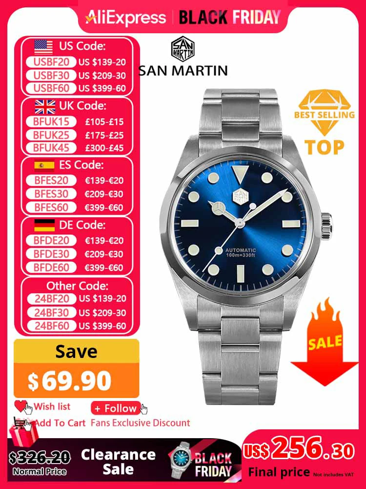 San Martin New 39mm Explore Climbing Series PT5000 SW200 Men Luxury Watch Fashion Sport Automatic Mechanical Sapphire 10Bar BGW9