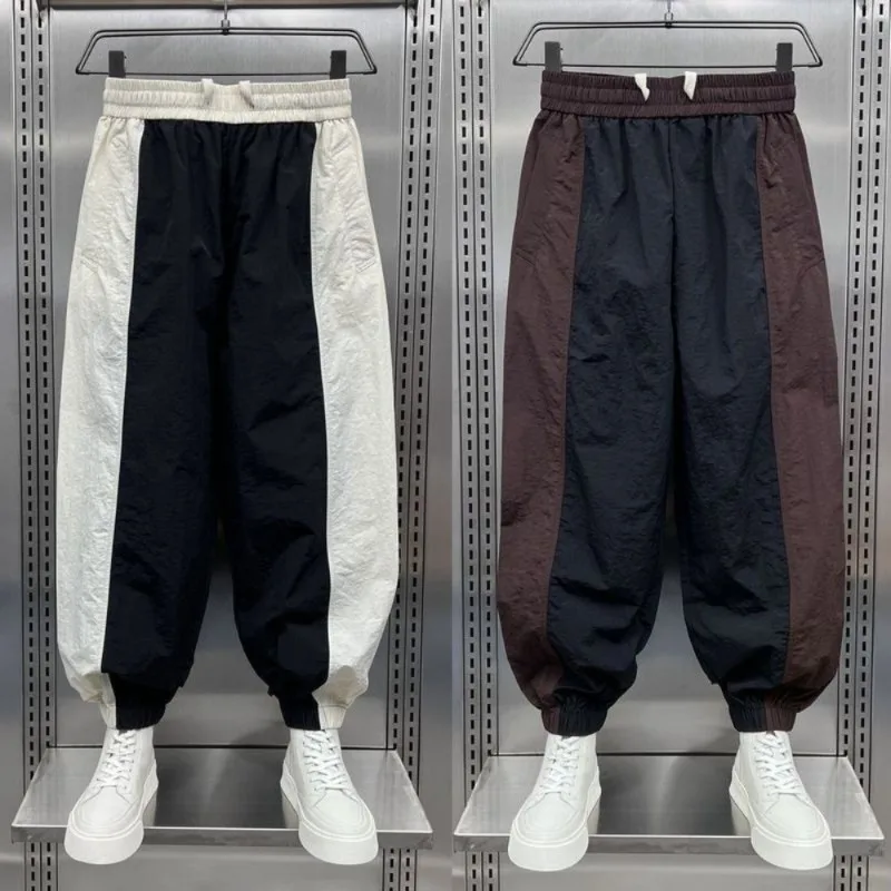 

2024 Summer Thin Quick Drying Harun Pants Fashionable and Personalized Splicing Strap Casual Loose Pants Men's Large Size Pants