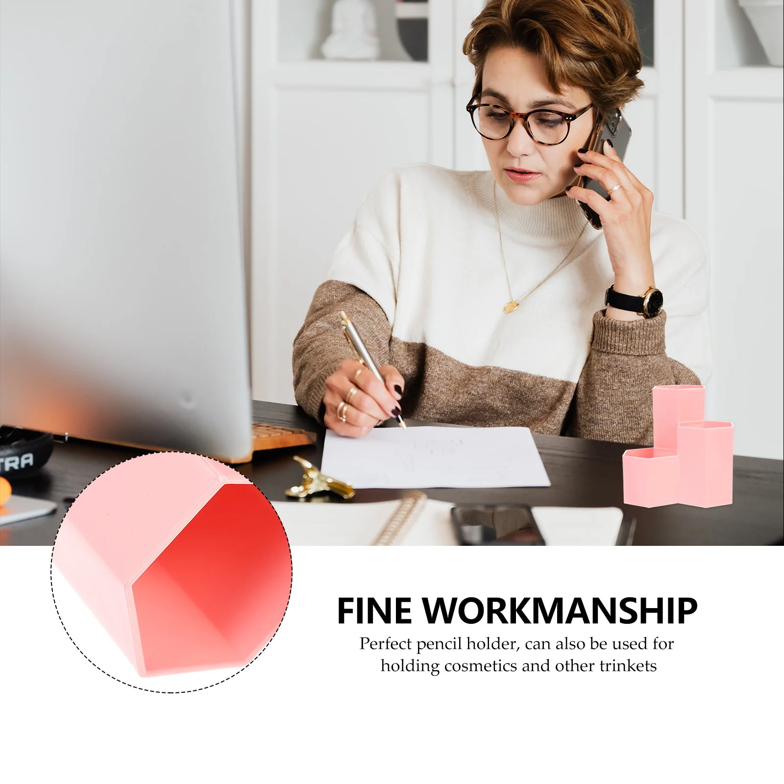 

Creative Hexagonal Plastic Pen Holder Pencil Organizer Desktop Storage Box Student Office Supplies Pink 12x63cm