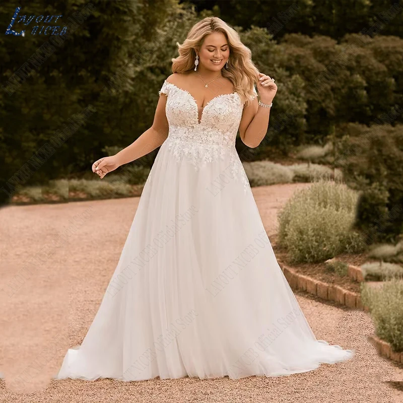 LAYOUT NICEB Vestidos De Casamento Para A Mulher Plus Size Lace Off Ombro Applique Vestido De Noiva Elegante A Linha Tulle vestidos novas boda Vestidos de noiva para mulheres plus size  Vestido de noiva com apliques de