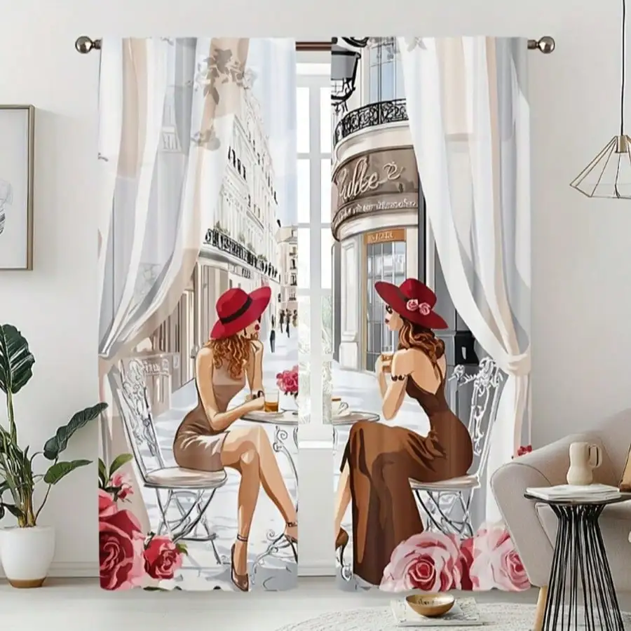Fashion Girl Curtain, Paris Cafe Scene Blackout Curtains, Pink Rose Floral Window Drapes for Living Room, Elegant Lady Print