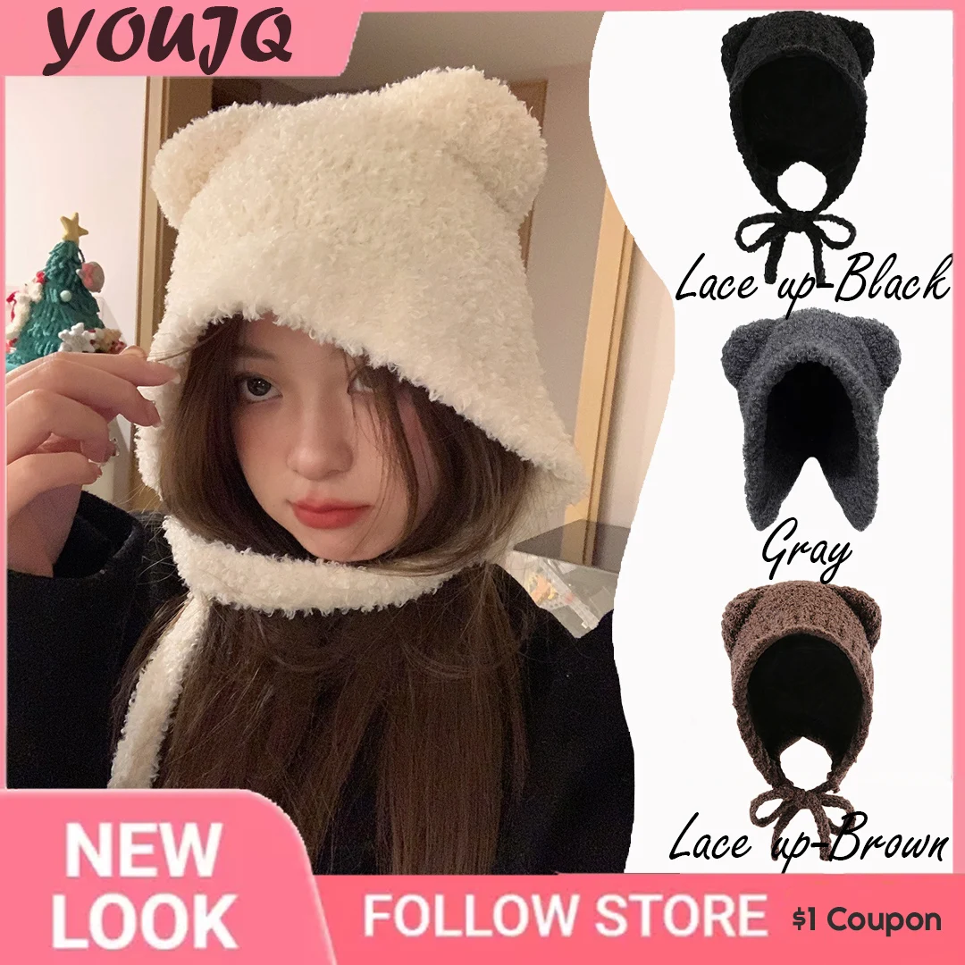 

Y2K Cute Bear Ear Hat Winter Beanies Warm Lace-up Ear Protection Knitted Bomber Cap Bonnets Knitting Women Warm Fluffy Gorras