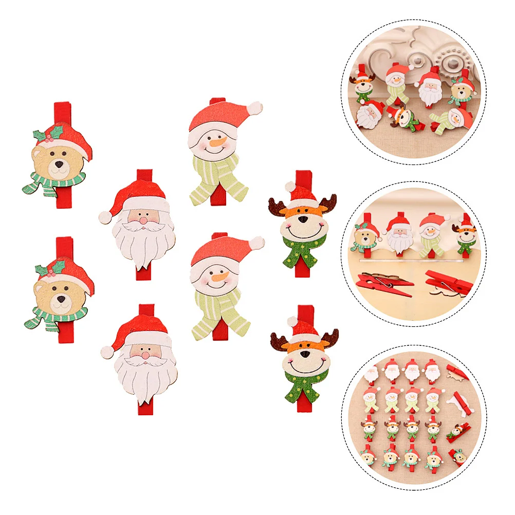 

24Pcs Christmas Clips Wooden Cartoon DIY Photo Clips Note Memo Holders Christmas Tree Decor Mini Photo Clothespins