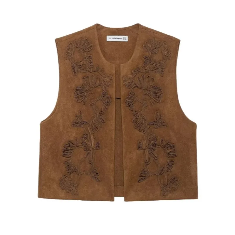 

2025 Early Autumn New Women's Fashion Casual Suede Like Texture Vest Embroidered Patterns Trendy & Versatile Sleeveless Tops
