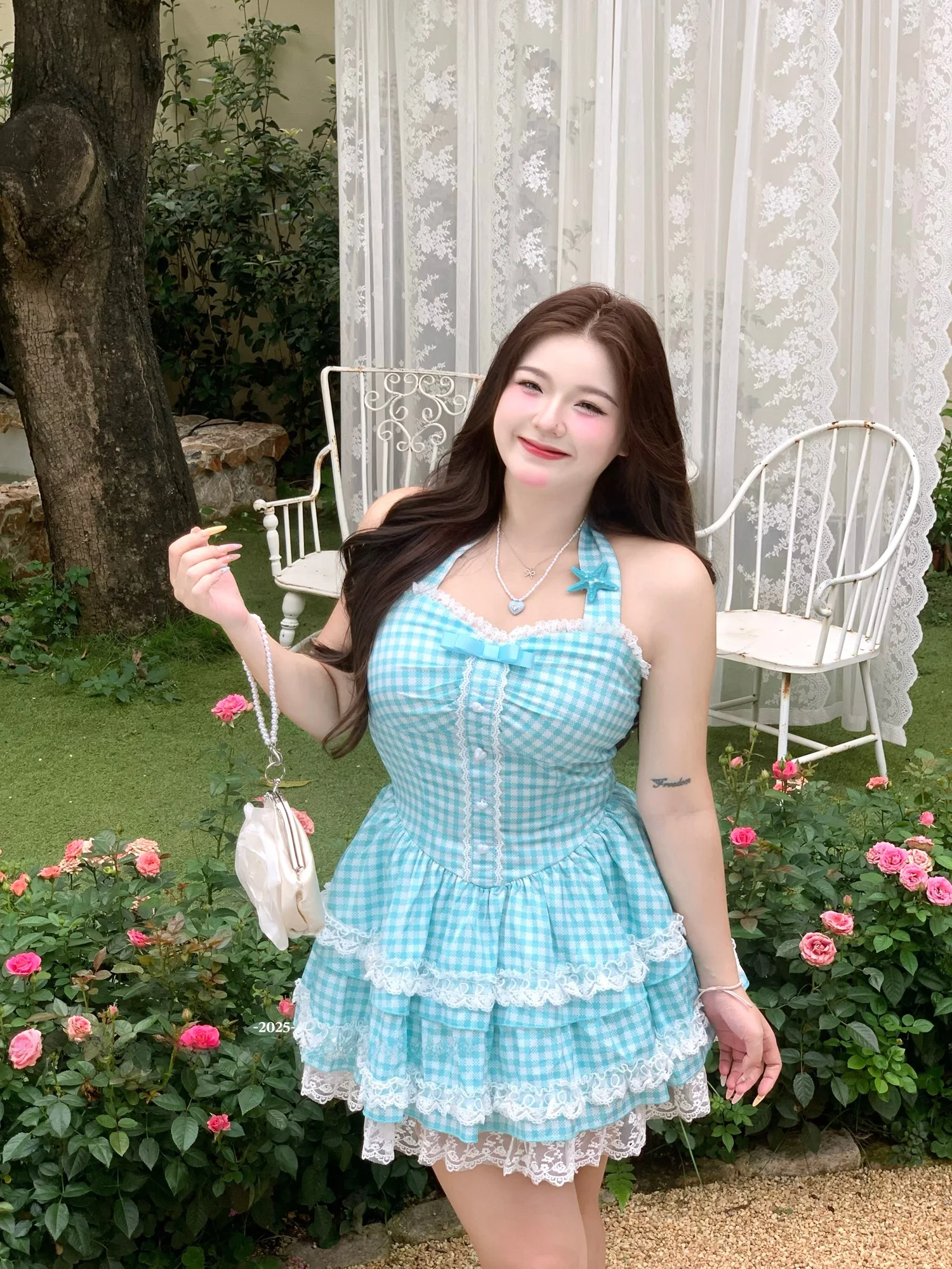 

Sweet Oversized Plaid Dress with Neckline And Pleated Slim Fit High Waist Short Skirt Style Summer Casual No Sleeve