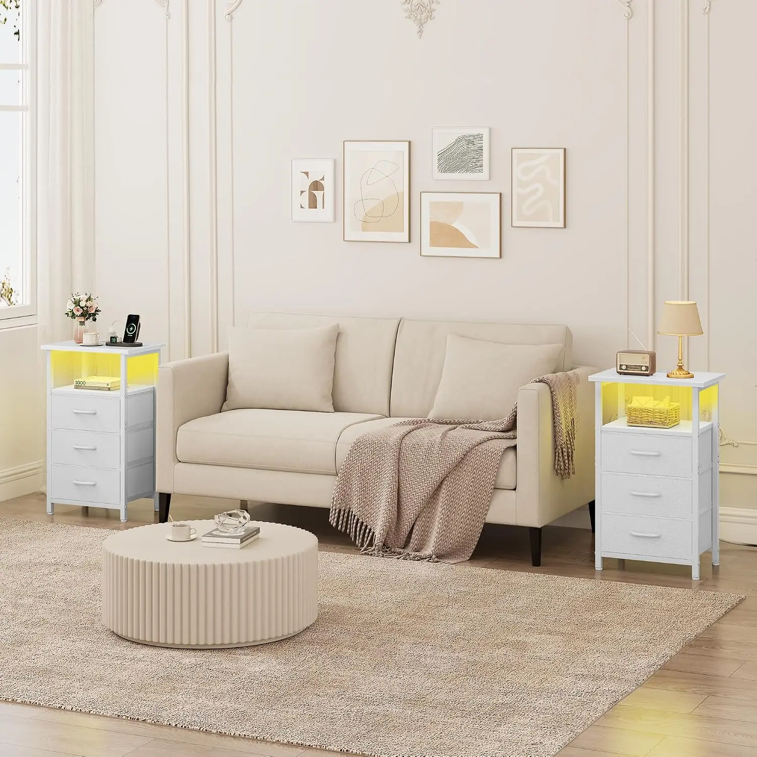 Nightstand Set of 2 with Charging Station & LED, White Bedside End Table for Bedroom, 3 Fabric Drawer Side Table with USB Ports & Outlets, Bed Side Table for Bedroom, White