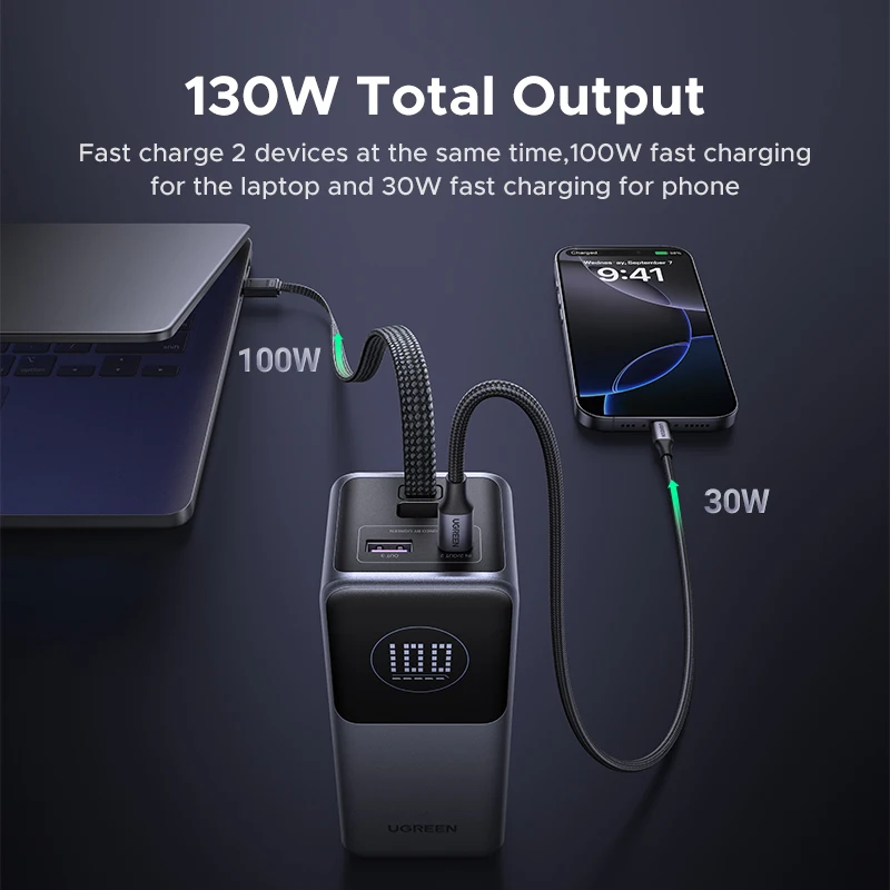 UGREEN Nexode 130W Power Bank 20000mAh with Built-In USB-C Cable