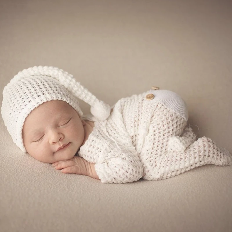 Nouveau 2 pièces accessoires photographie nouveau-né tenue au Crochet bébé barboteuse chapeaux nourrissons Photo