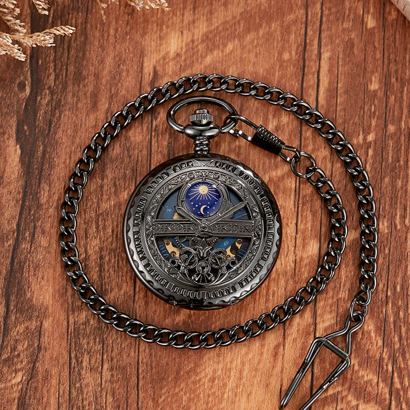 Hand-WInd Mechanical Pocket Watch Vintage Hollow Blue Moon Star Steampunk Skeleton Watch Roman Numerals Clock With Fob Chain