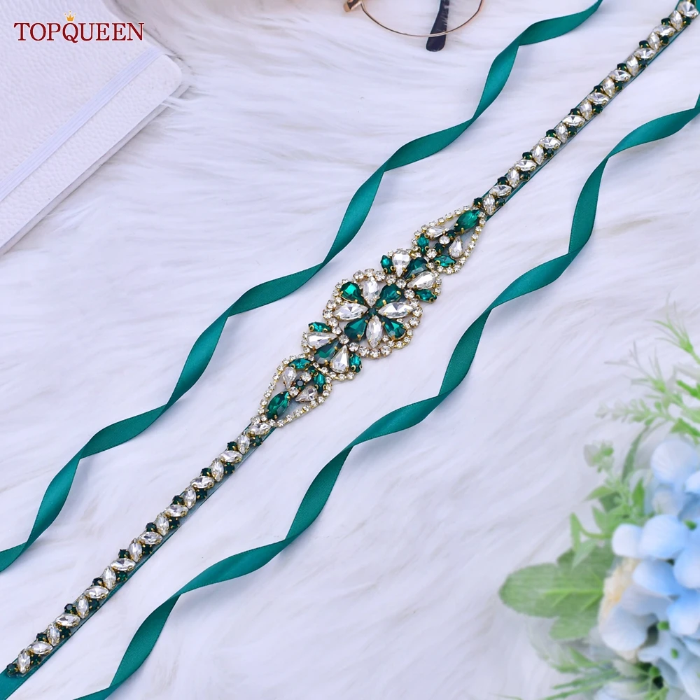 TOPQUEEN S489-KL Party Evening Dress Belt New Gold And Sapphire Green Waist Belt for Dress For Womens