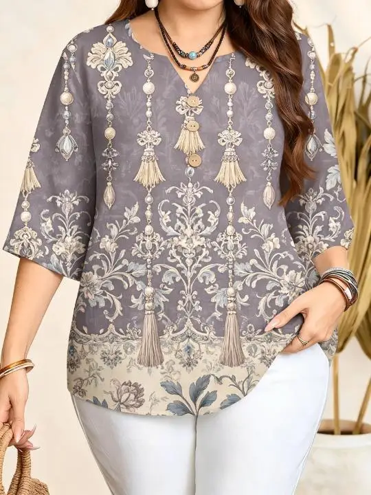 Women Retro Ethnic Bead Tassel Visual Print Blouse Notched Neck 3/4 Sleeve Loose Fit For Curvy Figures Daily Casual Tops