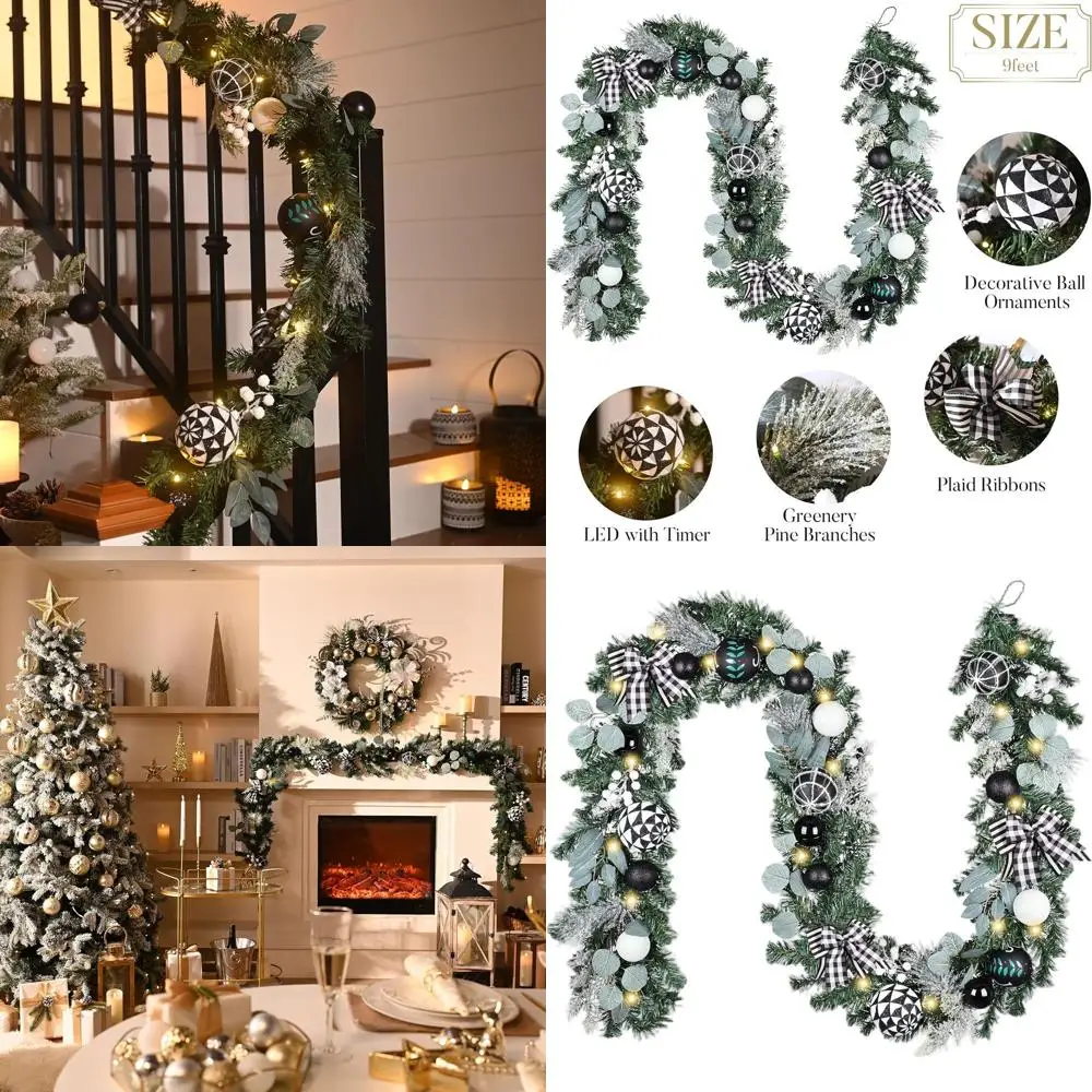 

9-Foot Lit Christmas Garland with Black & White Balls and Bows for Mantel, Fireplace, and Staircase Holiday Decor