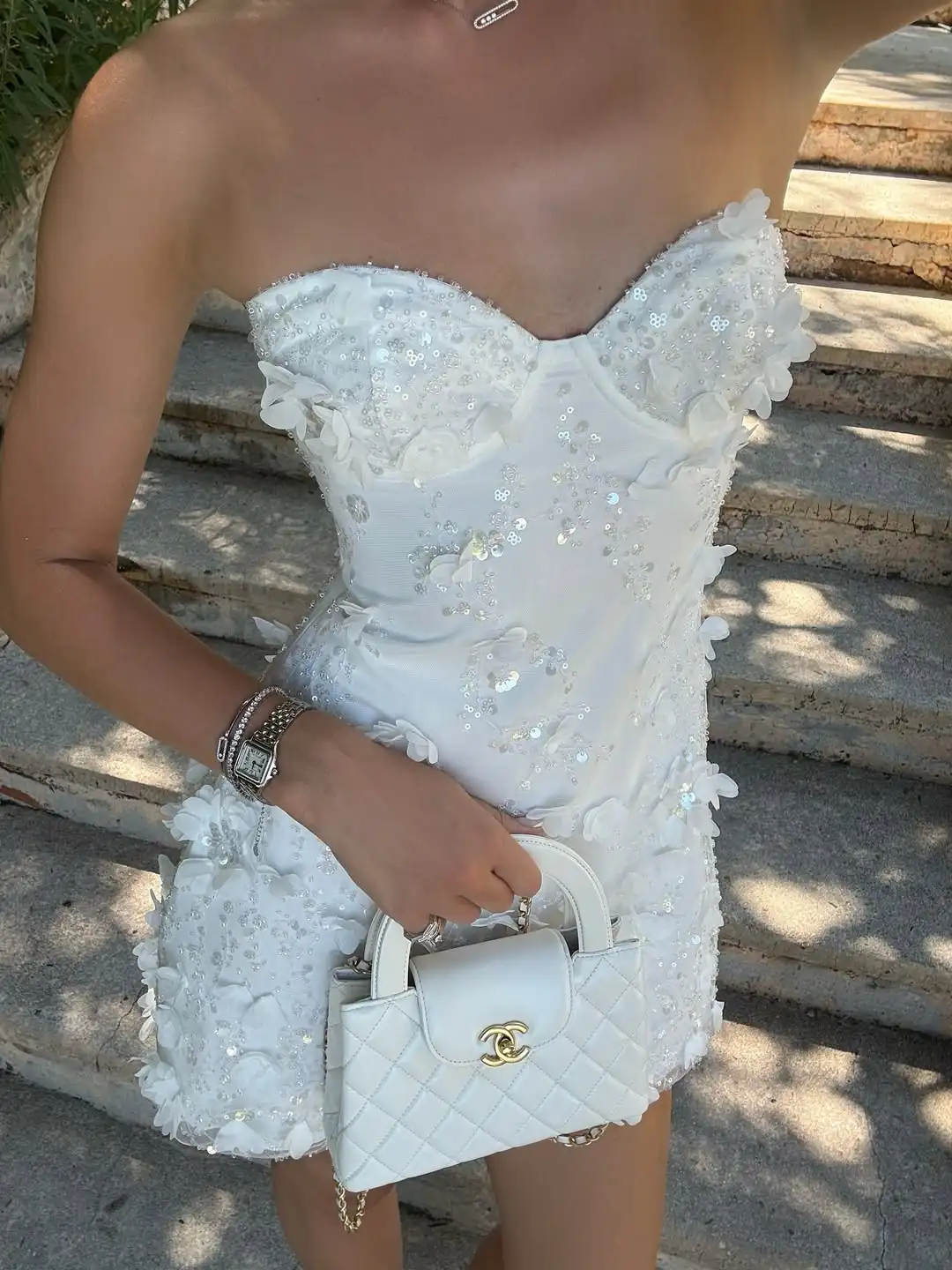 

Ofherown 3D Flowers Aplliques Sequins Cocktail Dress Shining Beaded Strapless Mini Evening Dresses Above Knee Robe De Soiree