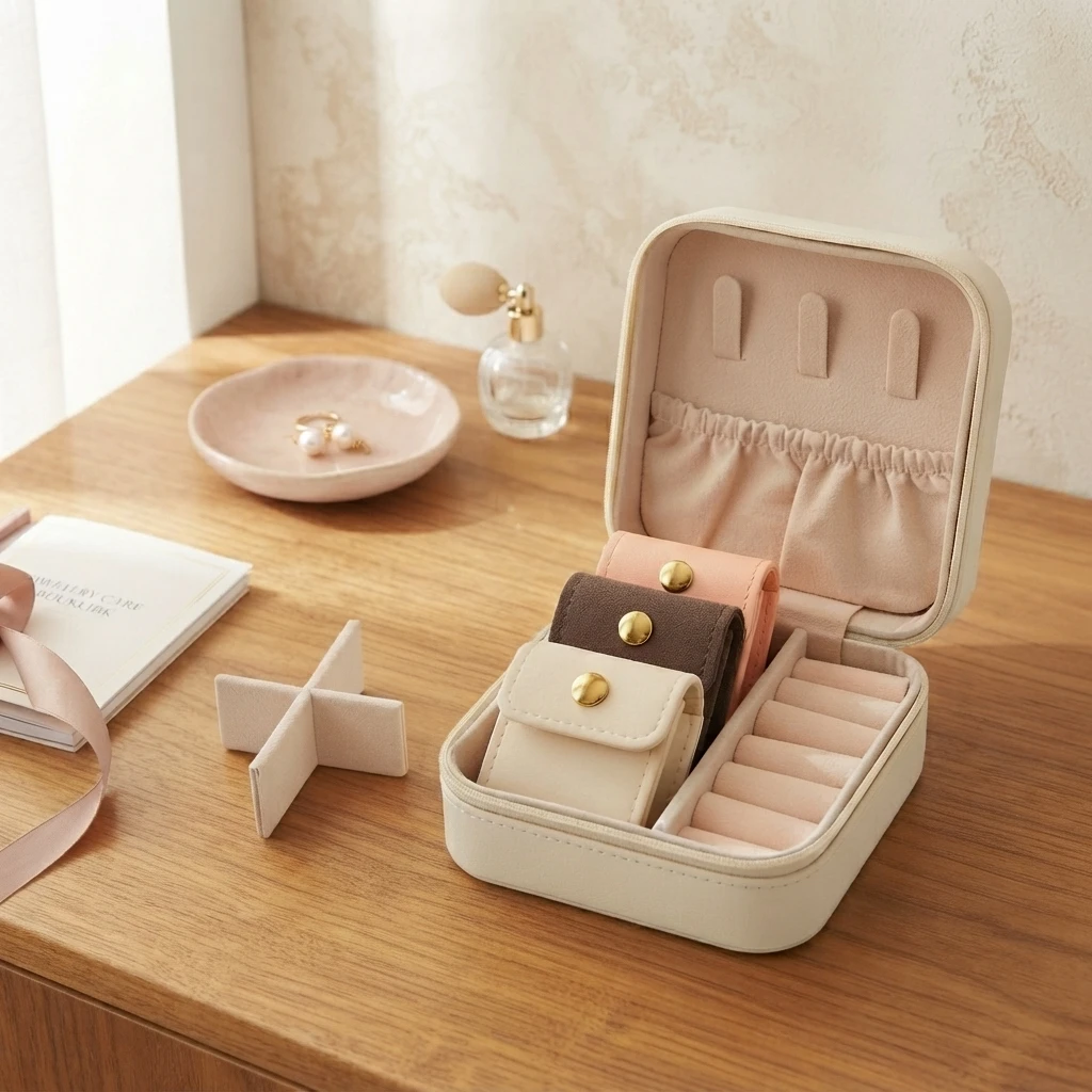 Microfiber Mini Compartment Portable Jewelry Box Travel Light Luxury Portable Small Jewelry Bag Earrings Jewelry Storage box