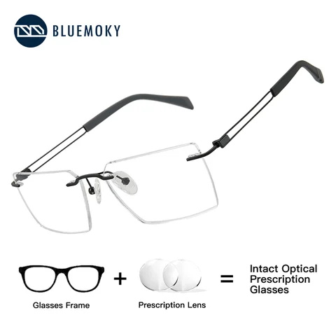 BLUEMOKY (M Size) Rimless Custom Prescription Eyeglasses for Men Metal Photochromic Anti Blue Light Presbyopic Glasses