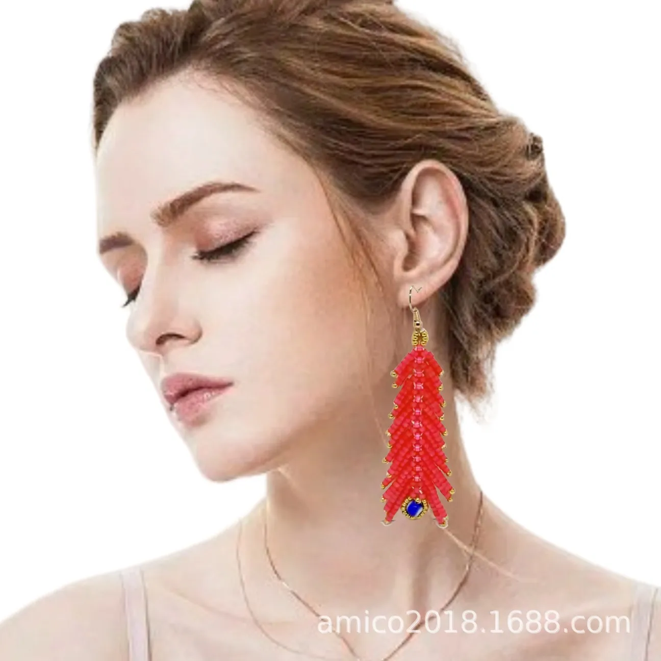 Beaded earrings Tassel Cat's eyes Leaf Design Hand knitting Bohemia Alloy Tide Simple Rice bead earrings