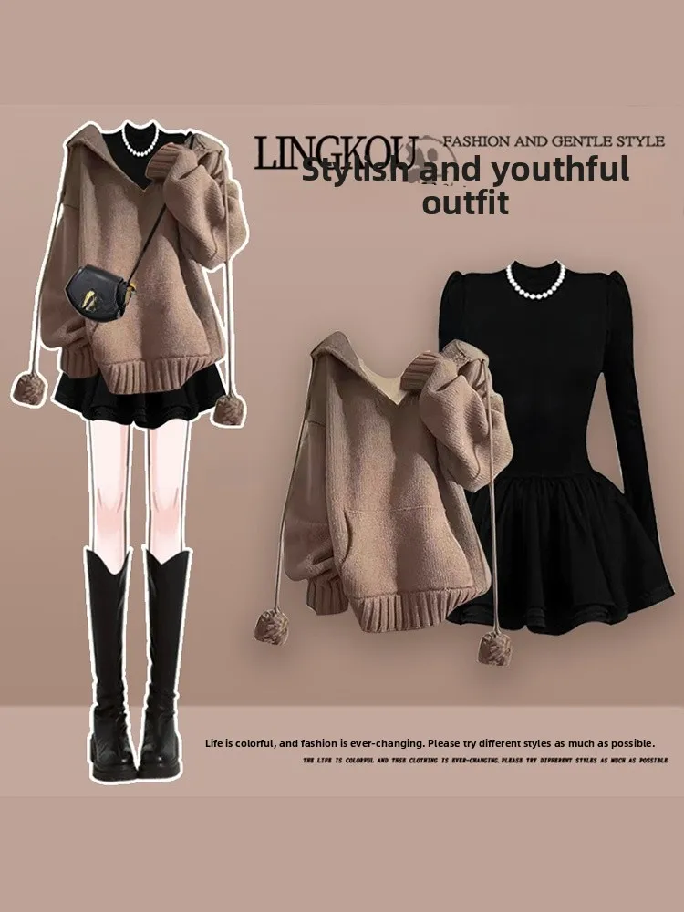 

plus Size Women's Knitted Sweater Dr Hepburn Sle Slimming Two-Piece Set Autumn Winter Faion Sweet Sle Long Sve ro...