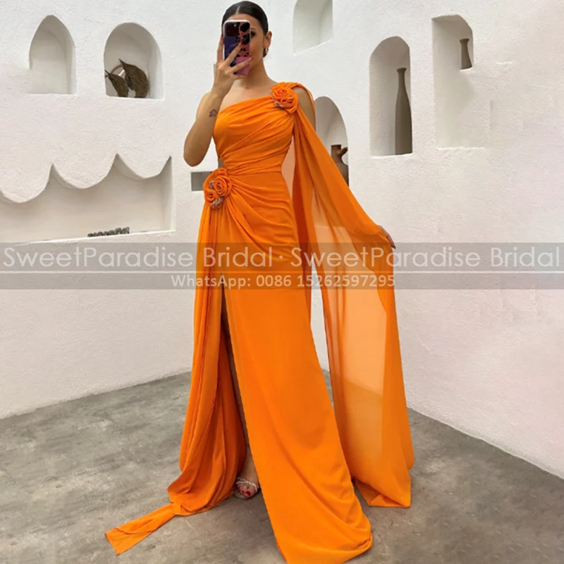 원 숄더 긴 이브닝 드레스 시스 사이드 스플릿 꽃 쉬폰 맞춤형 댄스 파티 드레스 여성용 파티