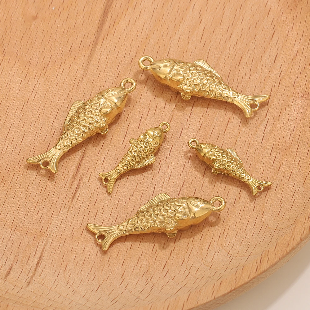 5pcs 스테인레스 스틸 더블 홀 물고기 연결 팔찌 목걸이 골드 참 DIY 3D 물고기 펜던트 쥬얼리 커넥터 부품