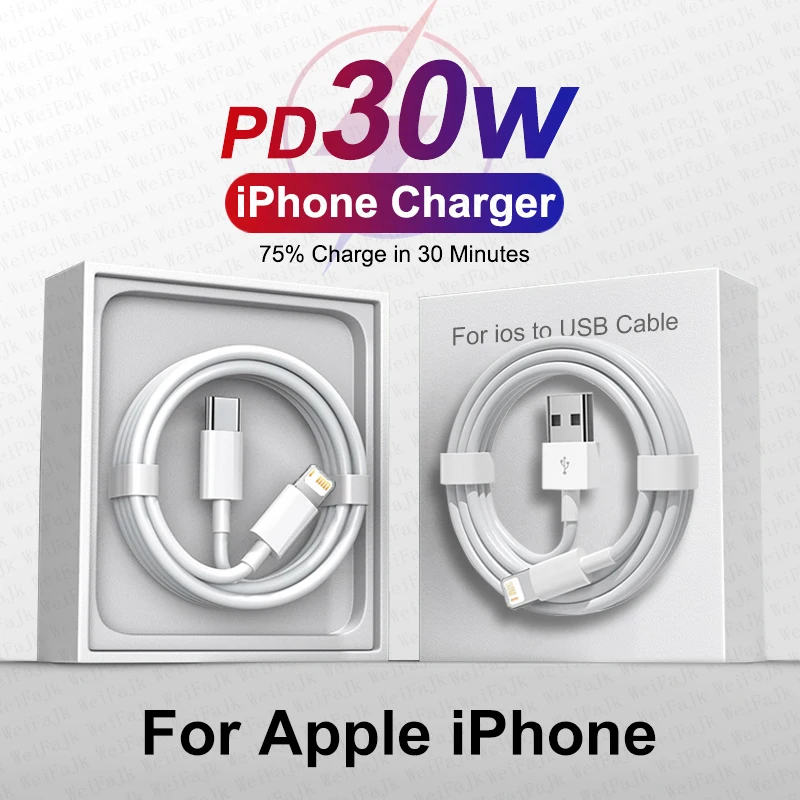 

For Apple Original 30W Fast Charging Cable For iPhone 15 14 13 12 11 Pro Max Mini X XS XR 8 Plus USB Type C iPhone Charge Cable