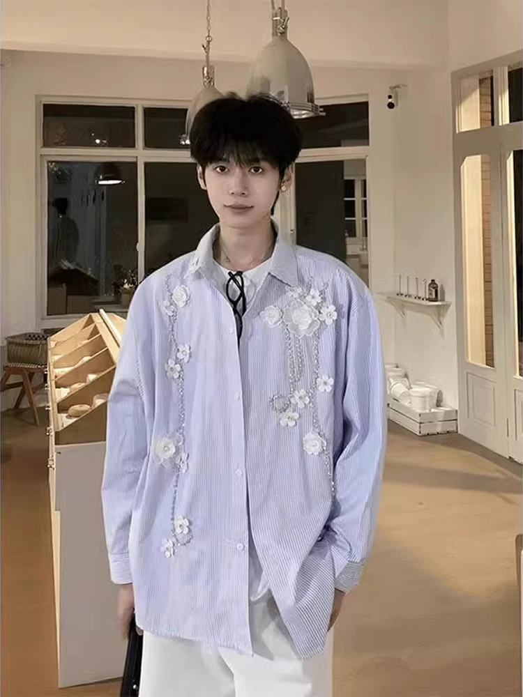 

New Chinese Sle Blue Striped Long Sve Men's irt Enchanting Floral Embroidery 3D Design Breathable Polyester Fiber